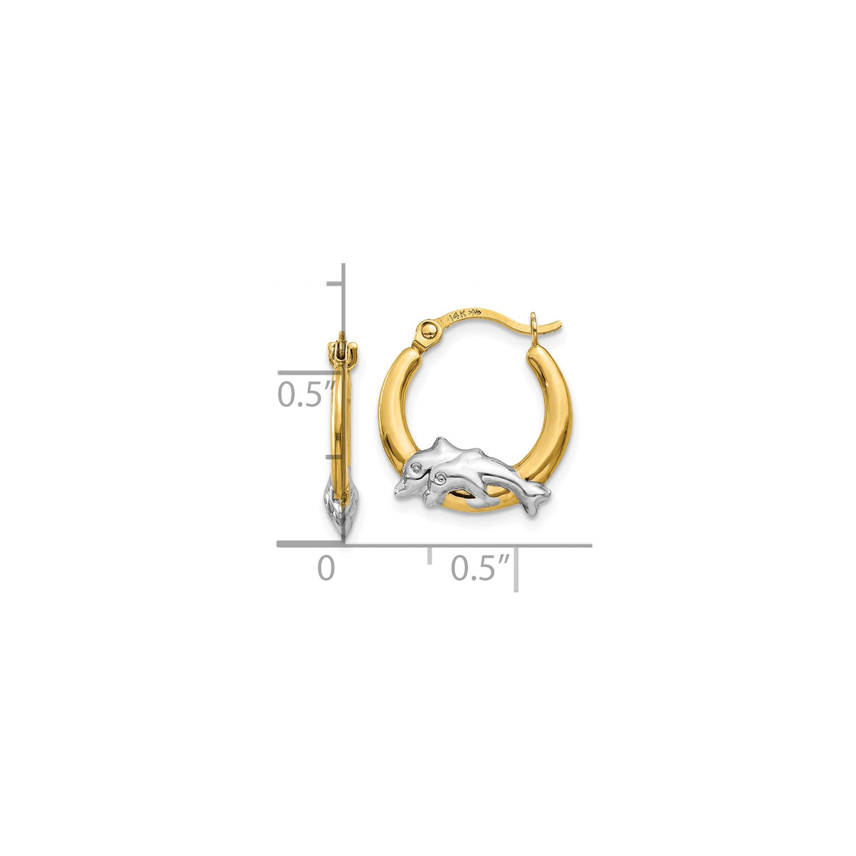 10k Yellow Gold Hoop Earrings with Rhodium Plated Dolphin Design, Two-Tone Ocean Theme