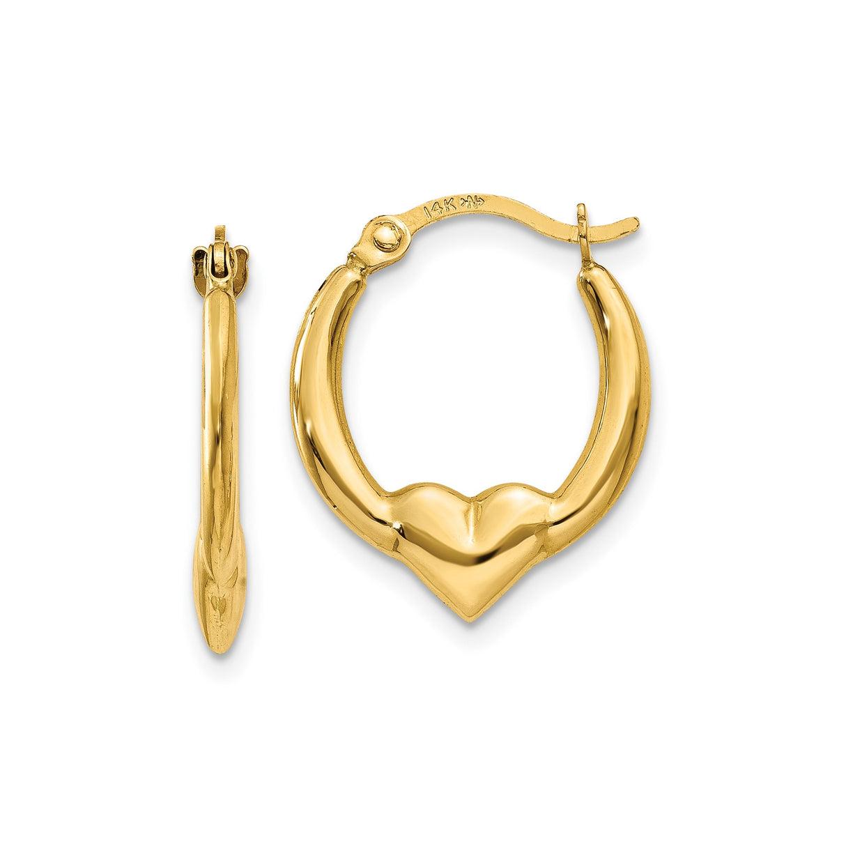 10k Yellow Gold Heart Hoop Earrings with Polished Finish and Hinged Closure for Women