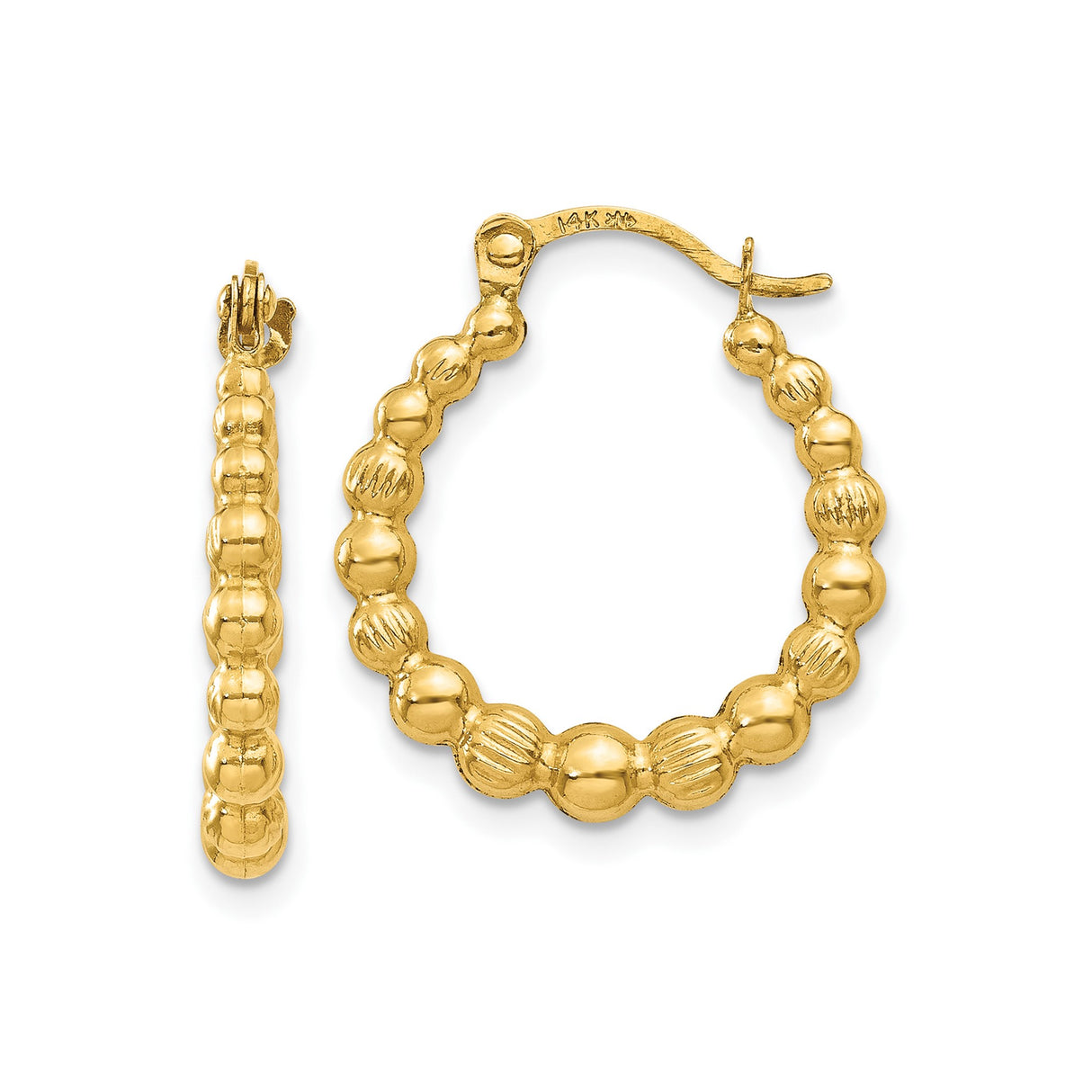 10k Yellow Gold Hoop Earrings, Beaded Ribbed and Polished Texture, Vintage Inspired