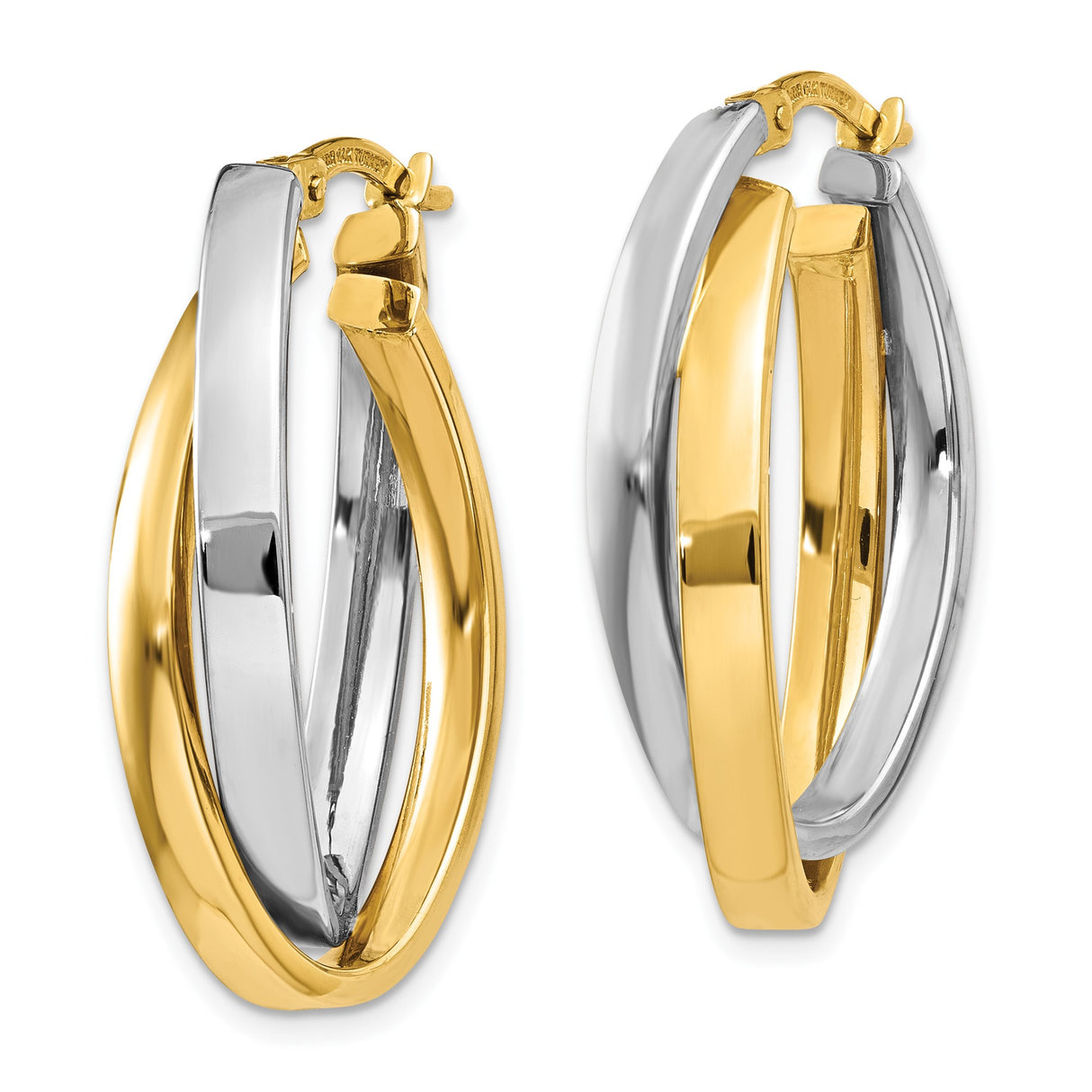 10k Two Tone Gold Twisted Oval Hoop Earrings with Interwoven Bands, Lightweight Modern Design