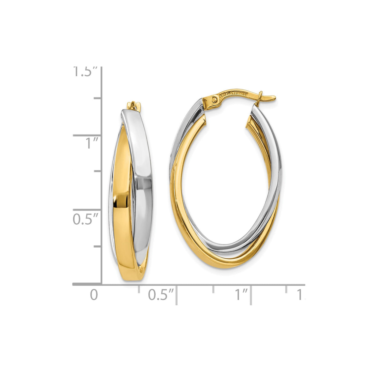10k Two Tone Gold Twisted Oval Hoop Earrings with Interwoven Bands, Lightweight Modern Design