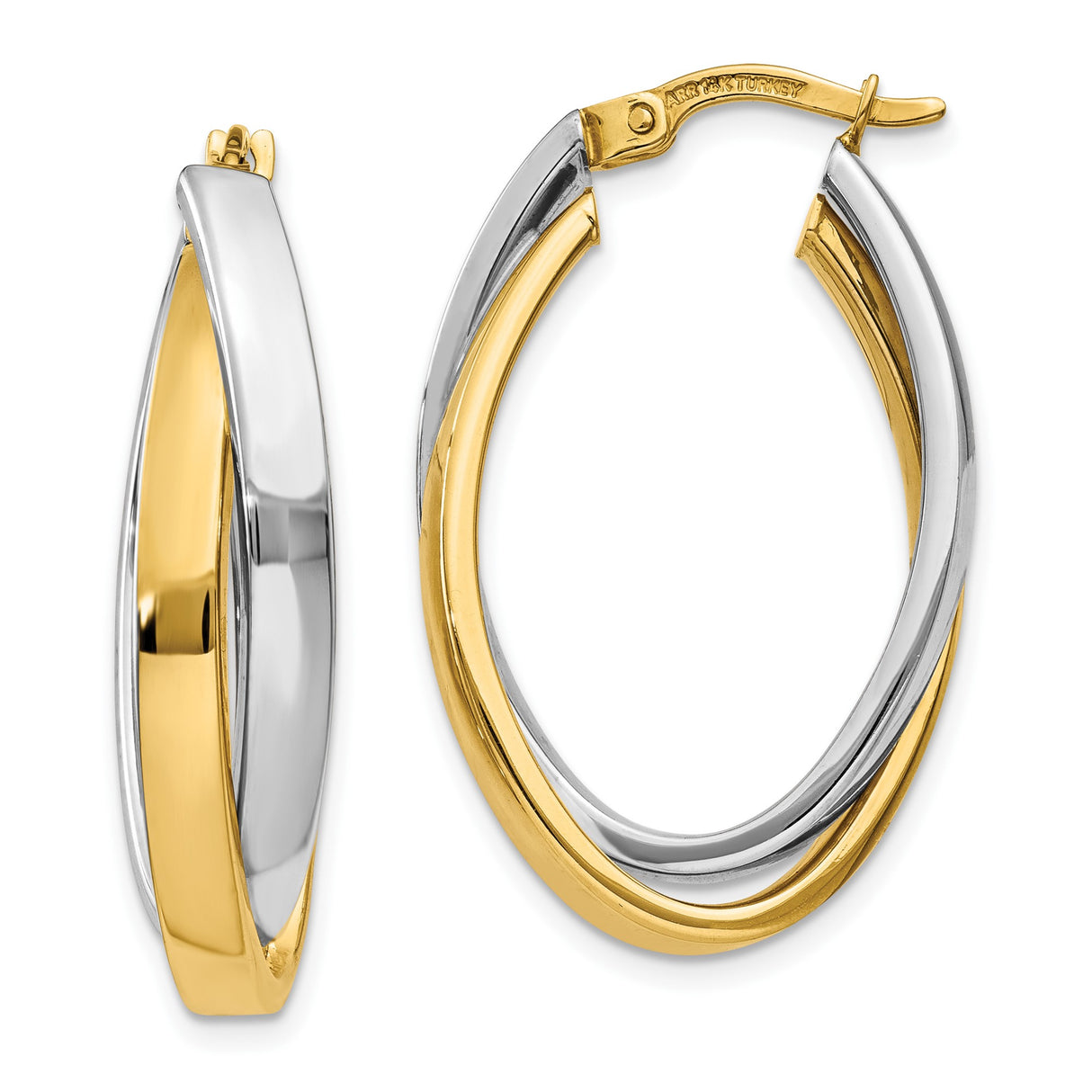 10k Two Tone Gold Twisted Oval Hoop Earrings with Interwoven Bands, Lightweight Modern Design
