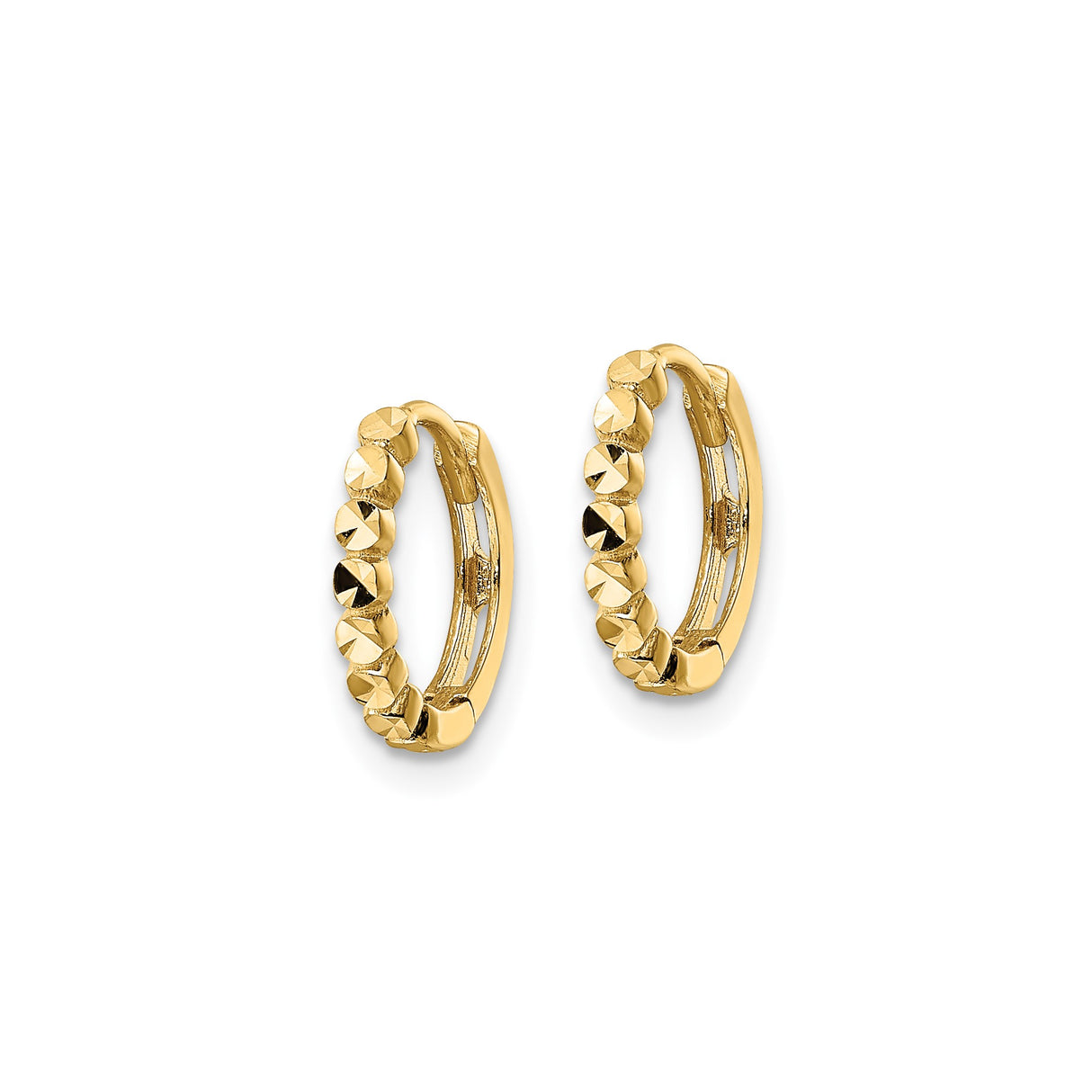 10k Yellow Gold Hoop Earrings, Small Textured Diamond Cut Design, Hinged Back, Lightweight