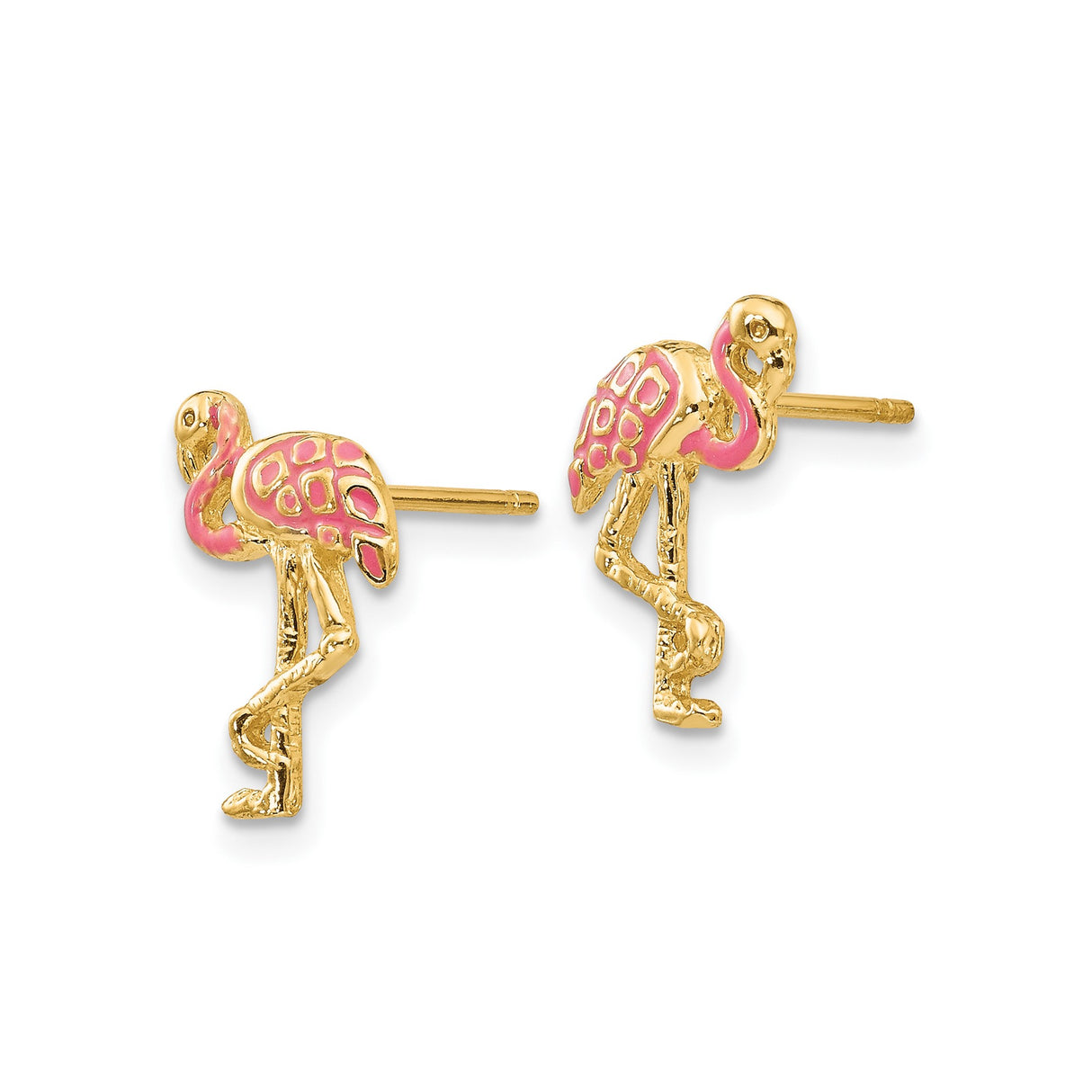 10k Yellow Gold Flamingo Stud Earrings with Pink Enamel Accents, Tropical Bird Design