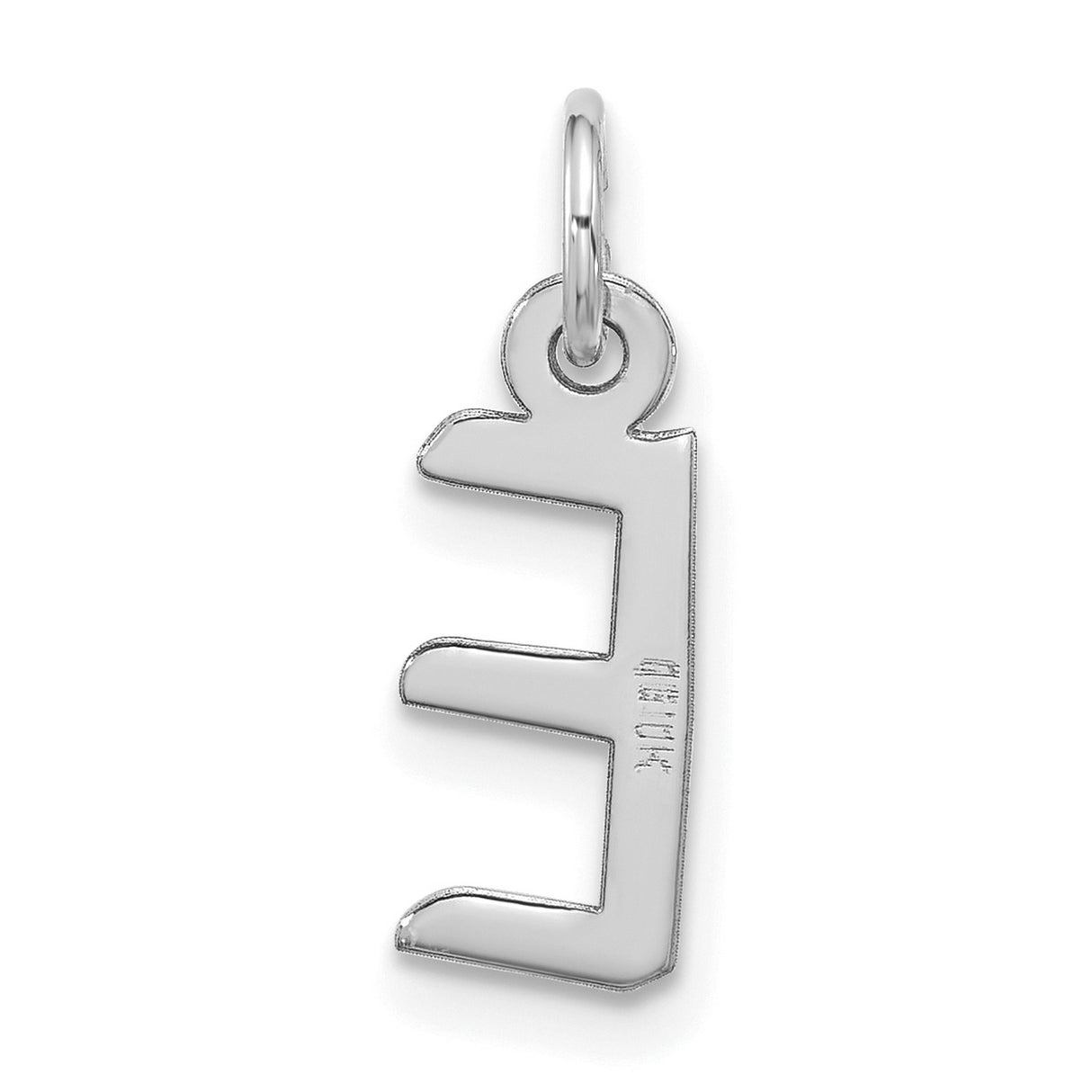 10k White Gold Initial E Pendant, Slanted Block Letter Charm with Polished Finish