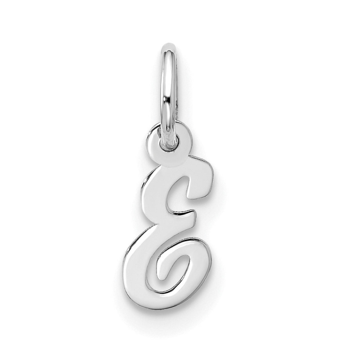 10k White Gold Script Initial E Pendant, Polished Letter Charm, Dainty Monogram Jewelry for Women