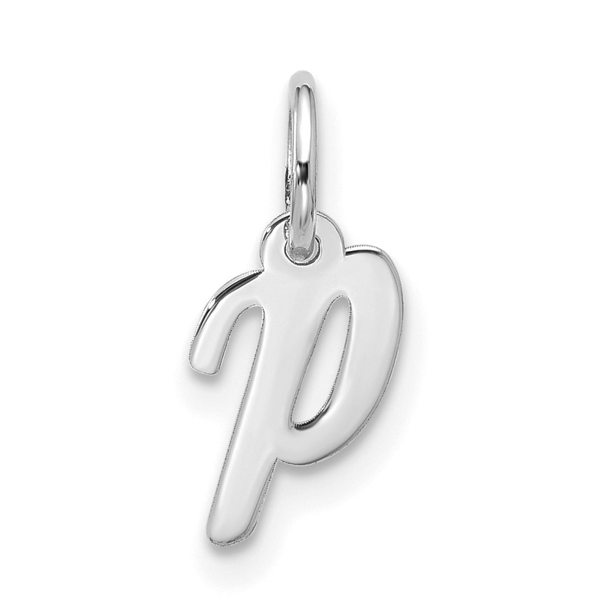10k White Gold Initial Pendant, Script Letter P Charm, Polished Monogram Design for Women