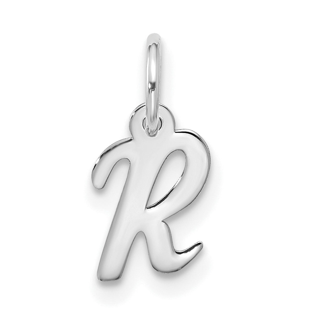 10k White Gold Letter R Pendant, Polished Script Initial Charm for Women