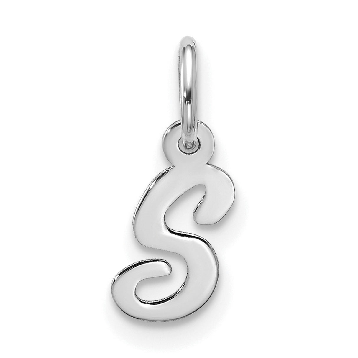 10k White Gold Script Initial S Pendant Charm, Flowing Cursive Letter Design