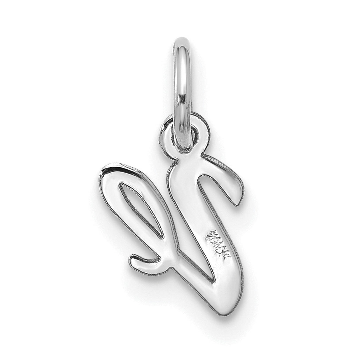 10k White Gold Script Letter V Pendant, Polished Cursive Initial Charm for Women