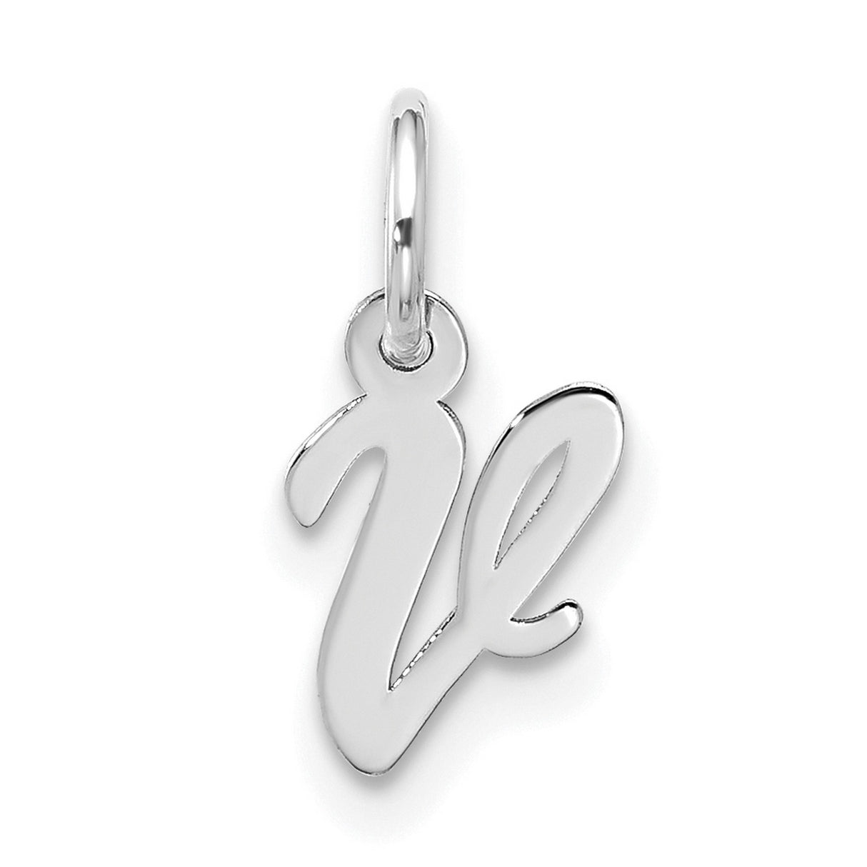 10k White Gold Script Letter V Pendant, Polished Cursive Initial Charm for Women