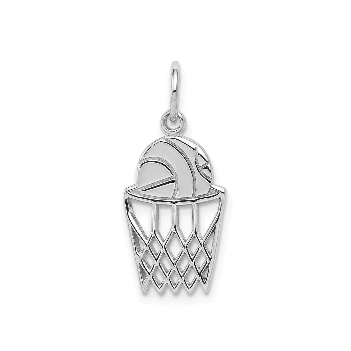 10k White Gold Basketball Net Pendant, Unisex Sports Charm with Hoop Design