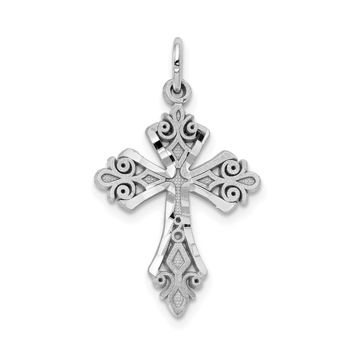 10k White Gold Cross Pendant with Filigree and Diamond Cut Details, Vintage Style Faith Jewelry