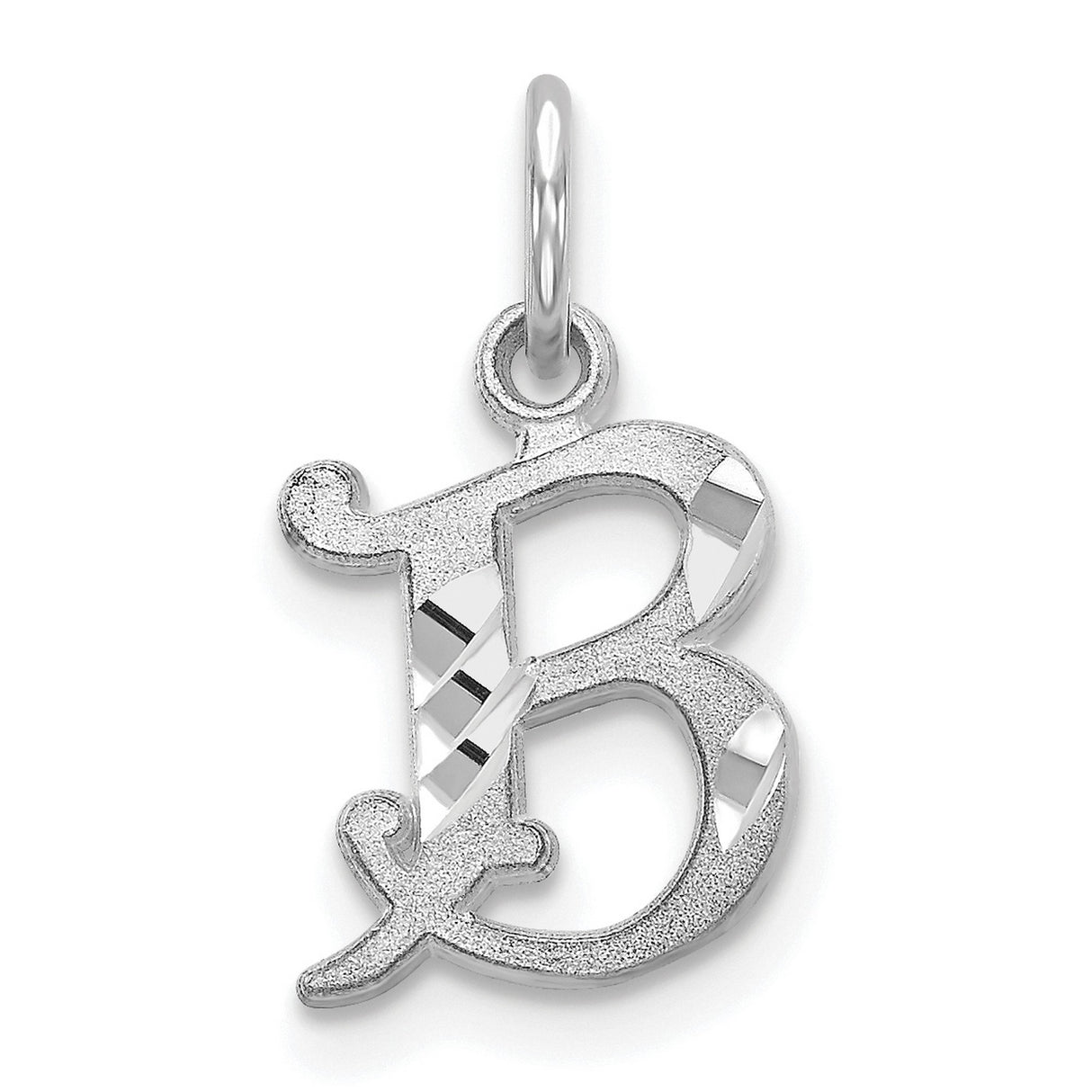 10k White Gold Initial B Pendant, Script Letter Charm with Polished and Textured Finish
