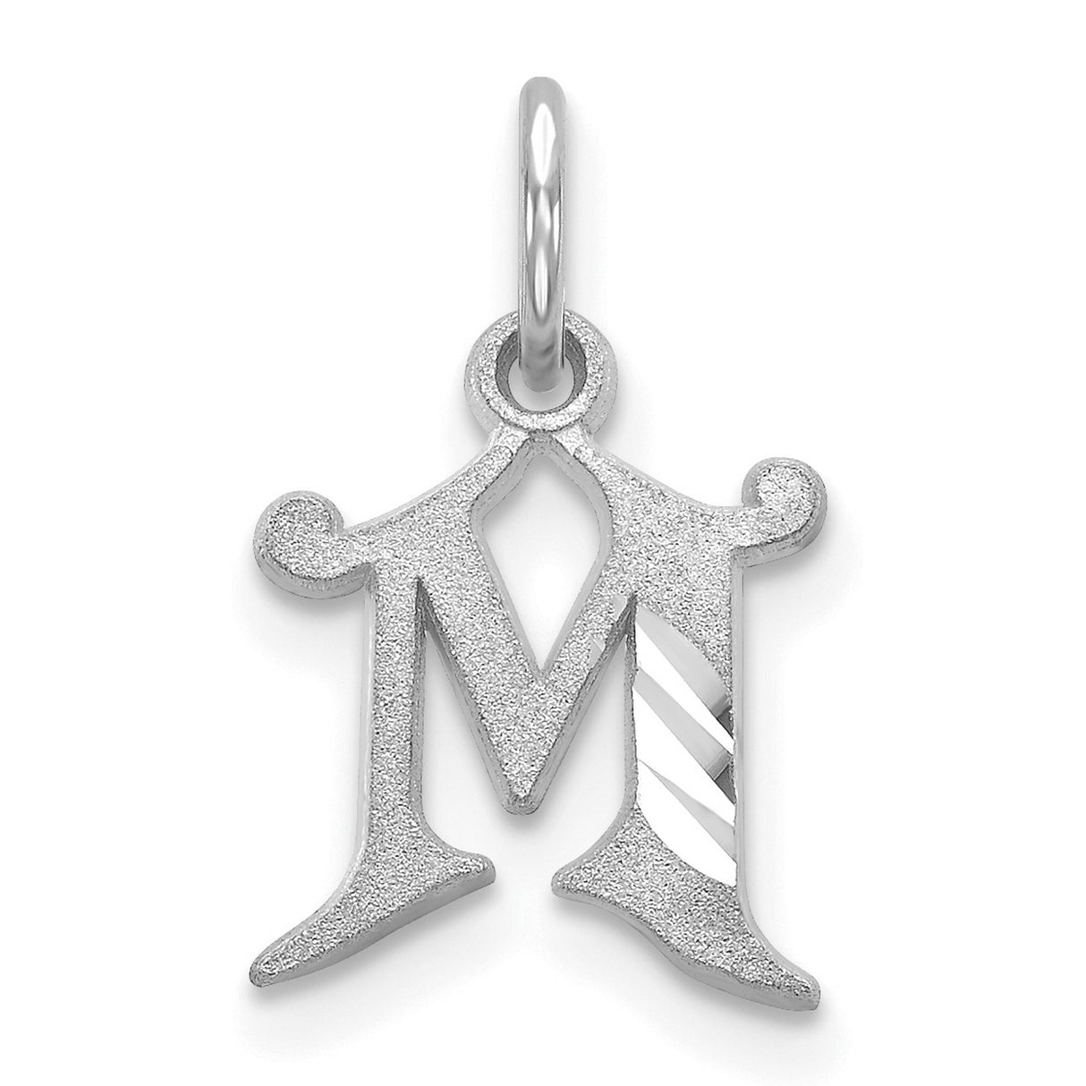 10k White Gold Initial M Pendant, Textured Old English Letter Charm, Unisex Alphabet Jewelry