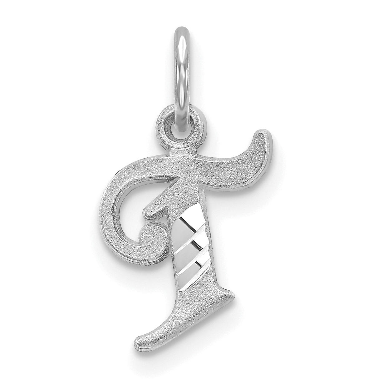 10k White Gold Initial Pendant, Stylized Cursive Letter T, Textured and Polished Charm