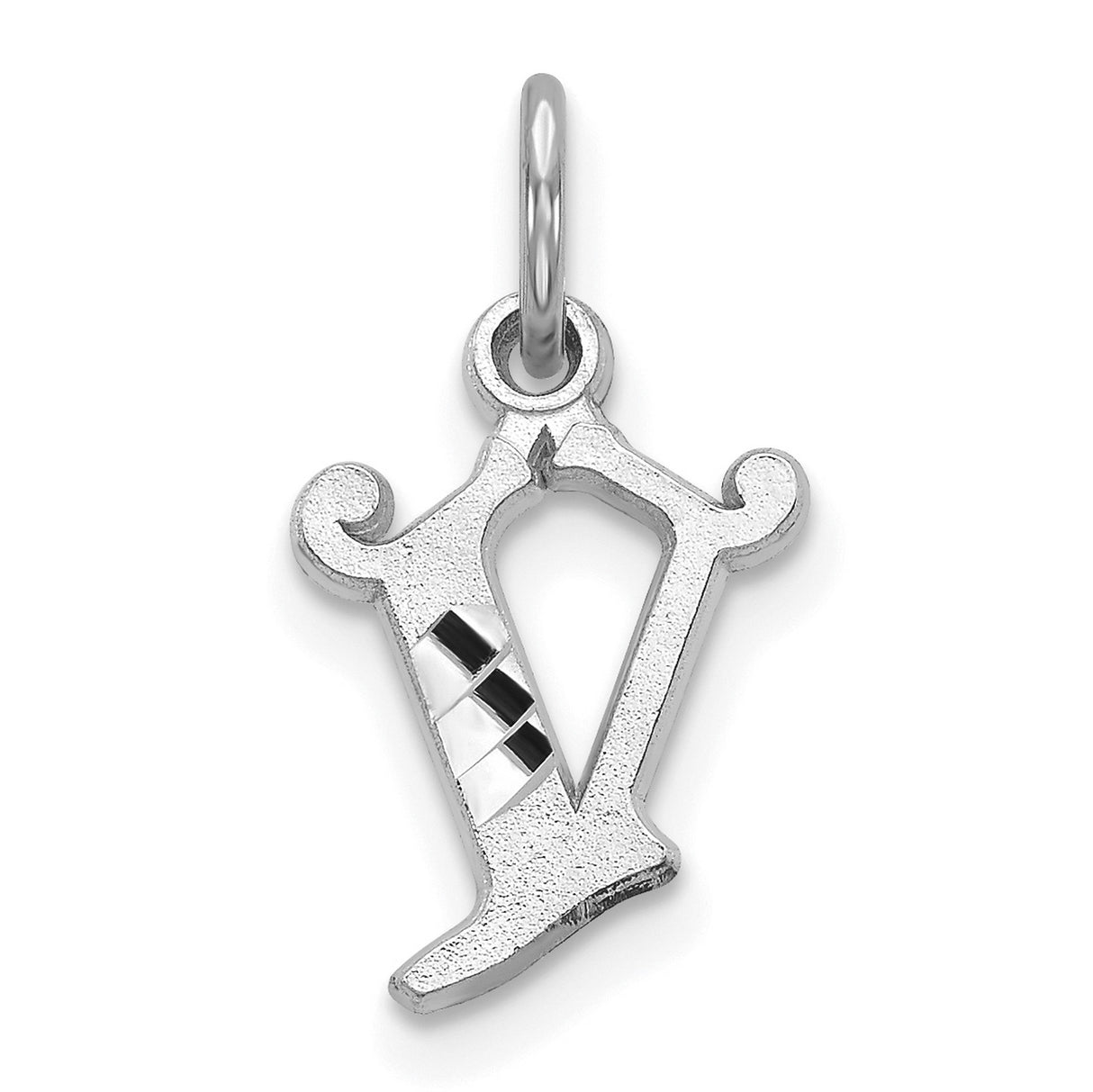 10k White Gold V Pendant with Black and White Diagonal Accents, Letter Charm for Women or Unisex