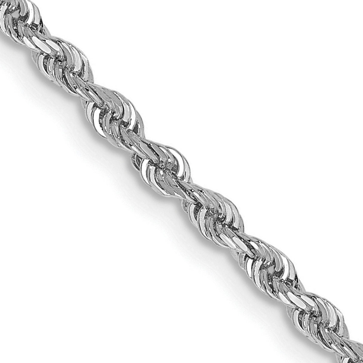 10K White Gold 2.25 mm Rope Chain Necklace, Polished detail view