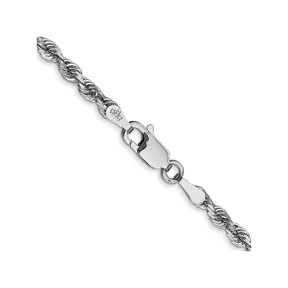 10K White Gold 3 mm Rope Chain Necklace, Polished alternate angle