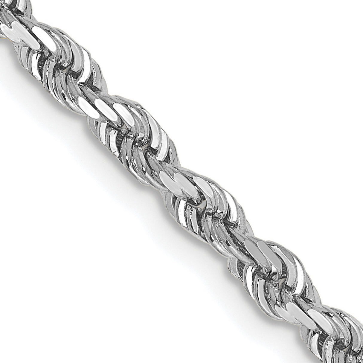 10K White Gold 3.35 mm Rope Chain Necklace, Polished detail view