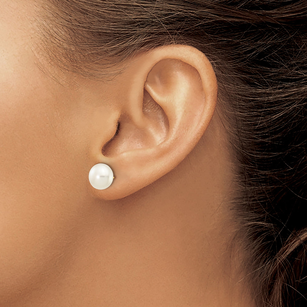 10k Yellow Gold Stud Earrings with Round White Cultured Pearls, Classic Design for Women