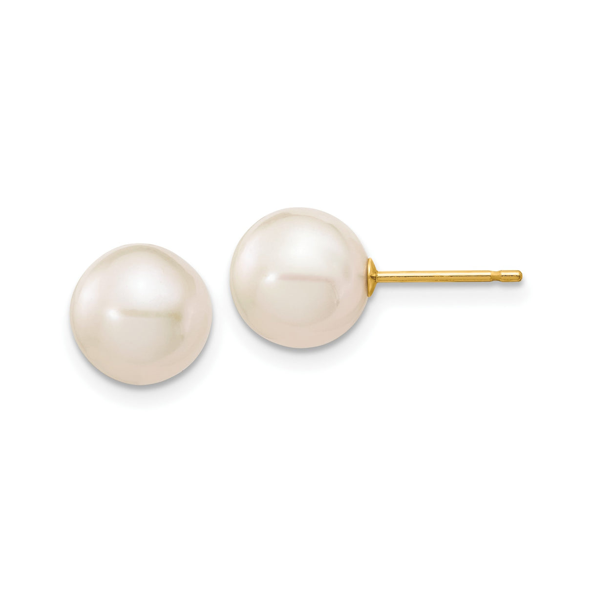 10k Yellow Gold Pearl Stud Earrings with White Round Freshwater Cultured Pearls, Classic Design