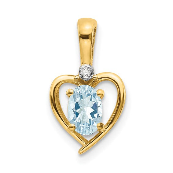 10k Yellow Gold Heart Pendant with Oval Aquamarine and Diamond Accent for Women