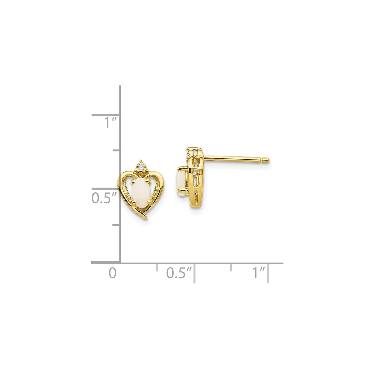 10k Yellow Gold Heart Stud Earrings with Oval Opal and Diamond Accent, Romantic Jewelry for Women