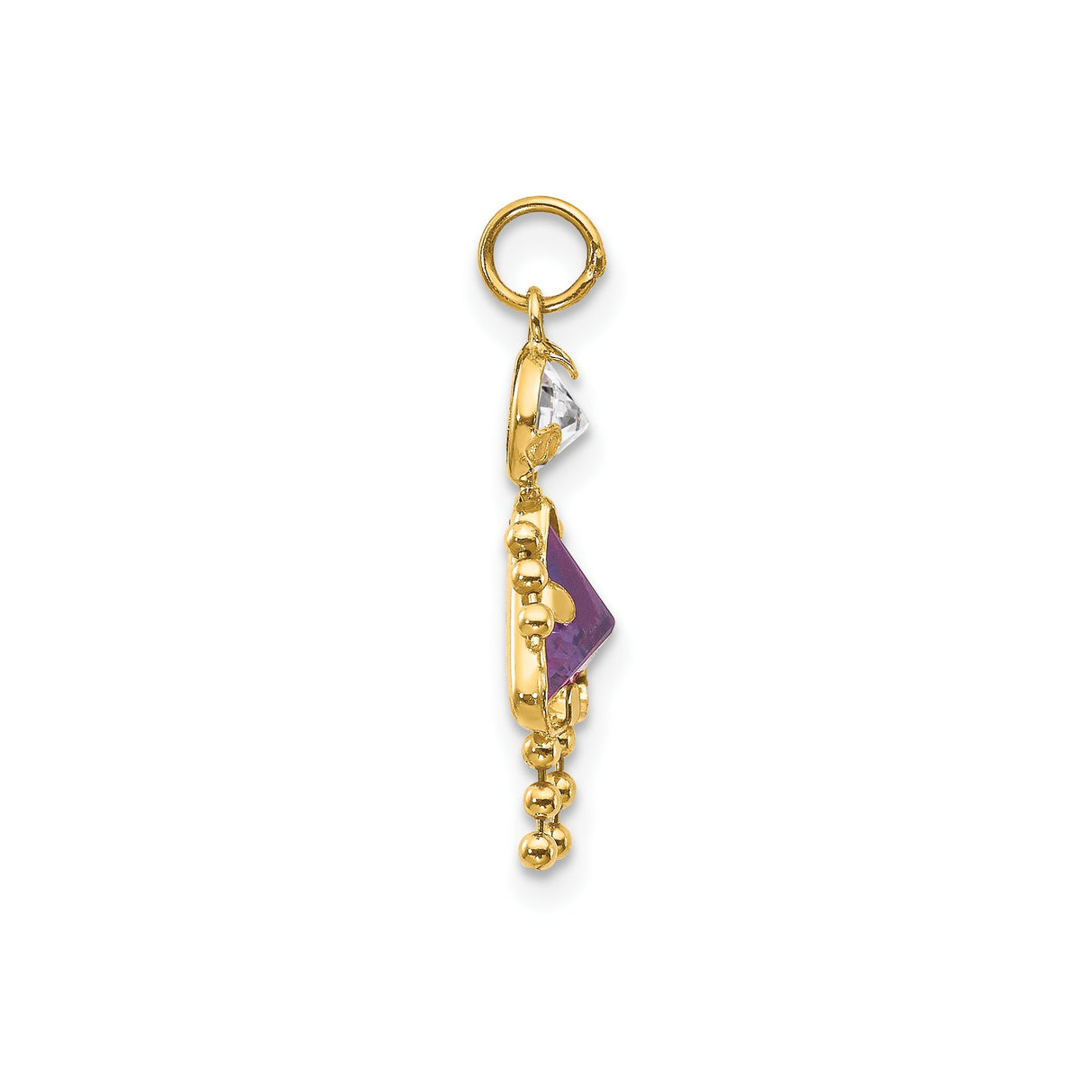 10k Yellow Gold Girl Pendant with Clear and Purple Synthetic Birthstones, Beaded Arms and Legs