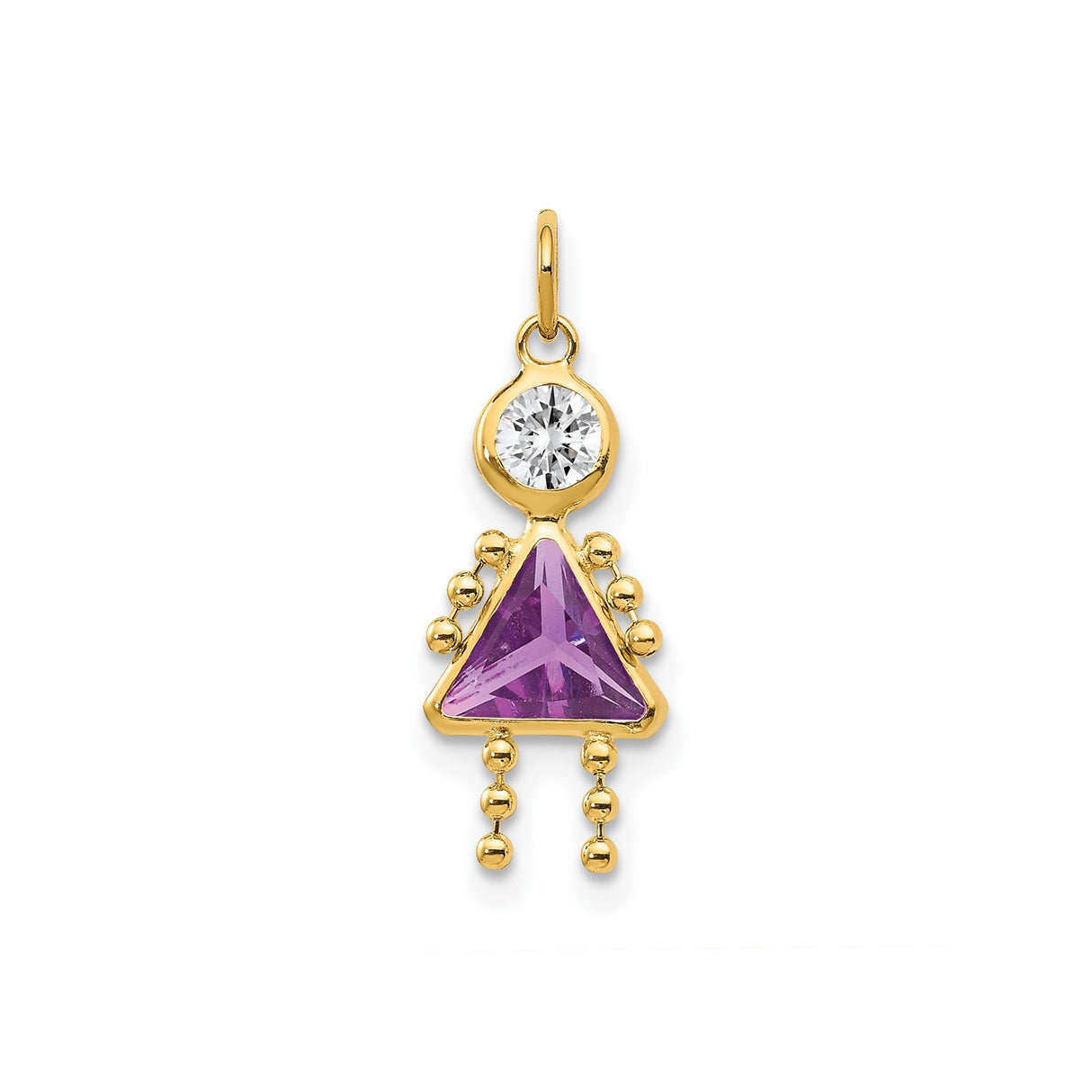 10k Yellow Gold Girl Pendant with Clear and Purple Synthetic Birthstones, Beaded Arms and Legs