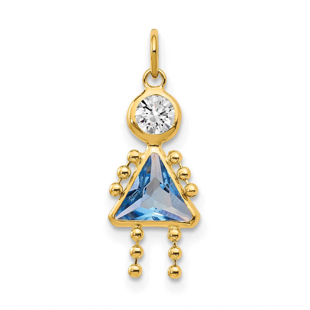 10k Yellow Gold Girl Shaped Pendant with White Round and Blue Triangle Synthetic Birthstones