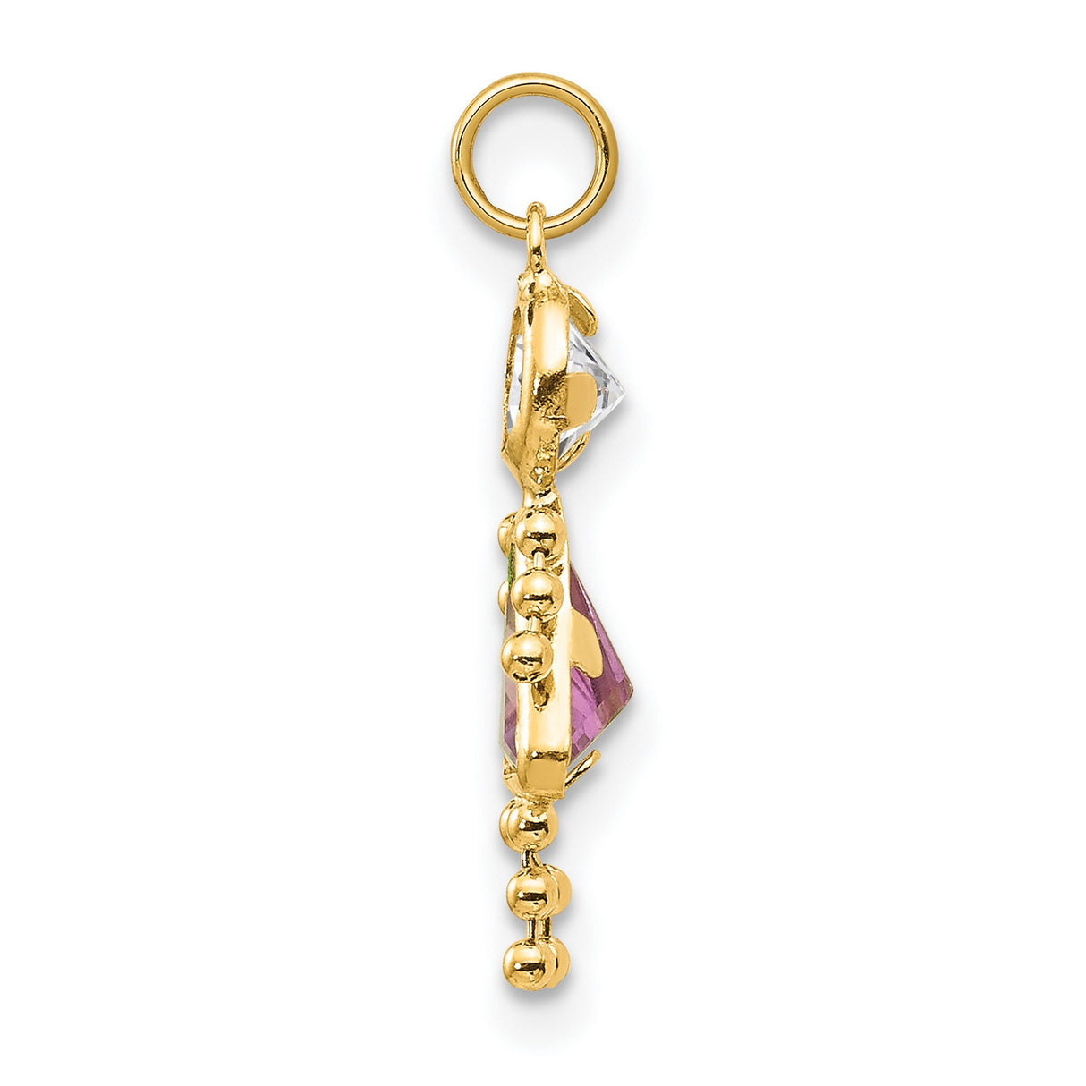 10k Yellow Gold Girl Pendant with Triangle Cut Pink Synthetic Birthstone and Accent Charm