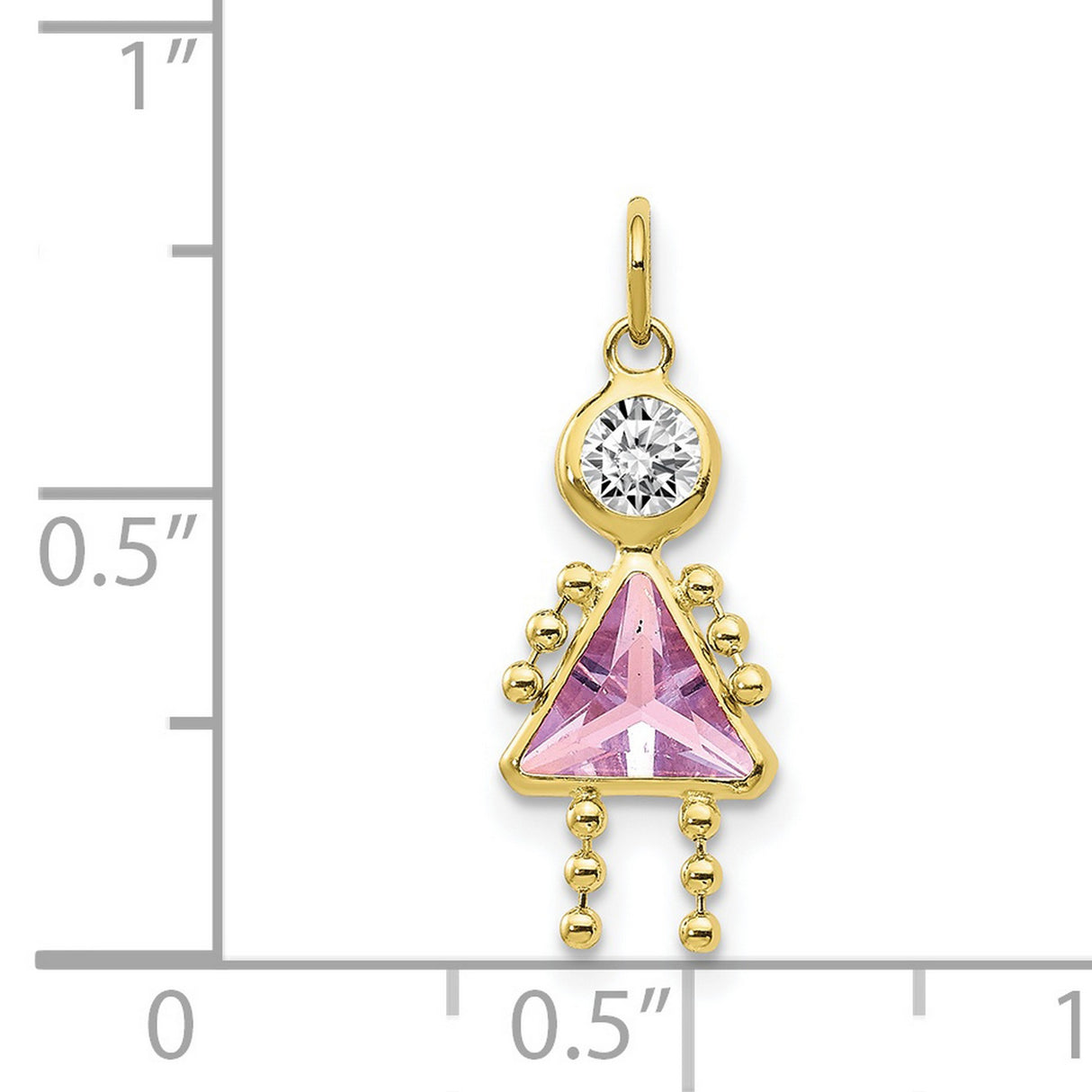 10k Yellow Gold Girl Pendant with Triangle Cut Pink Synthetic Birthstone and Accent Charm