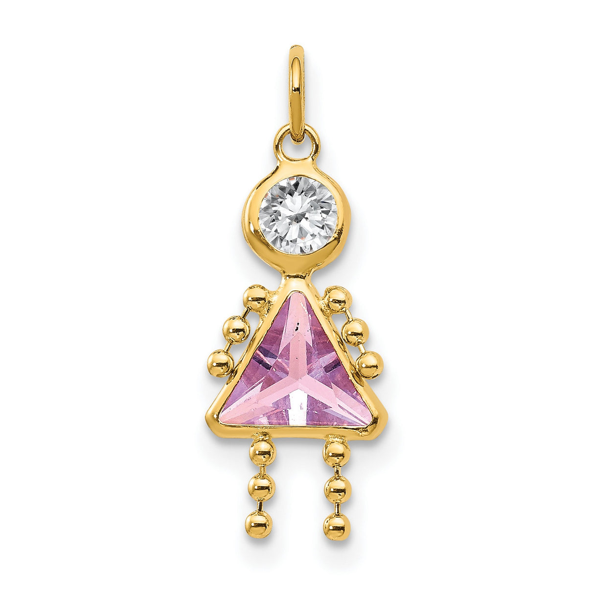 10k Yellow Gold Girl Pendant with Triangle Cut Pink Synthetic Birthstone and Accent Charm