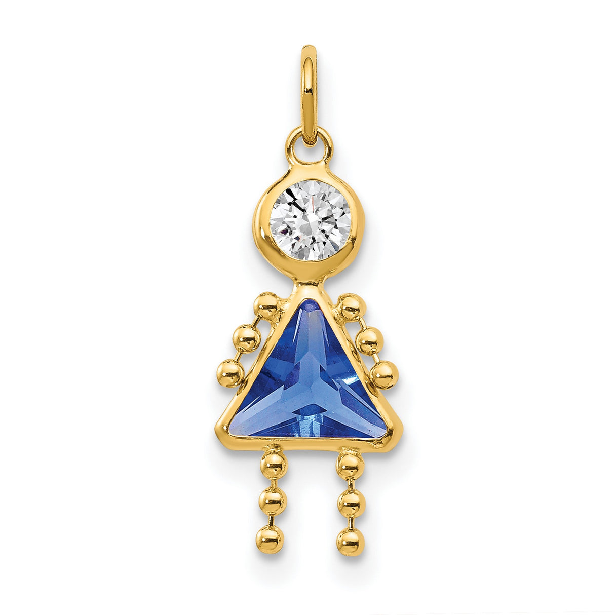 10k Yellow Gold Girl Pendant with Synthetic Birthstone and Blue Gemstone Dress Charm