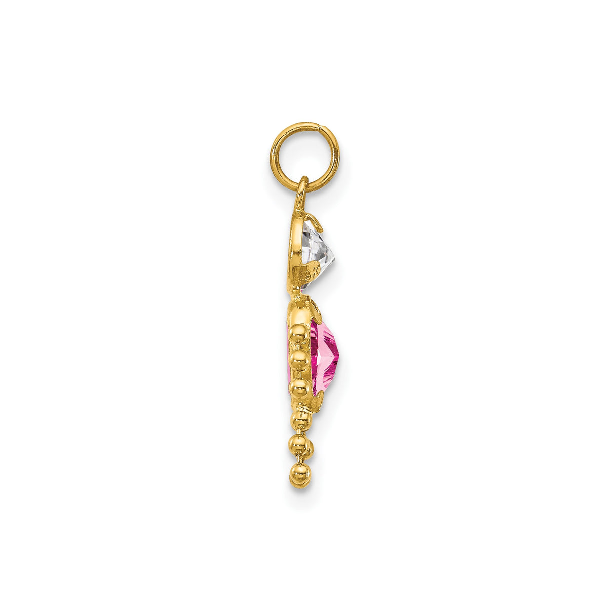 10k Yellow Gold Girl Outline Pendant with Pink Oval Synthetic Birthstone and Clear Head Gemstone