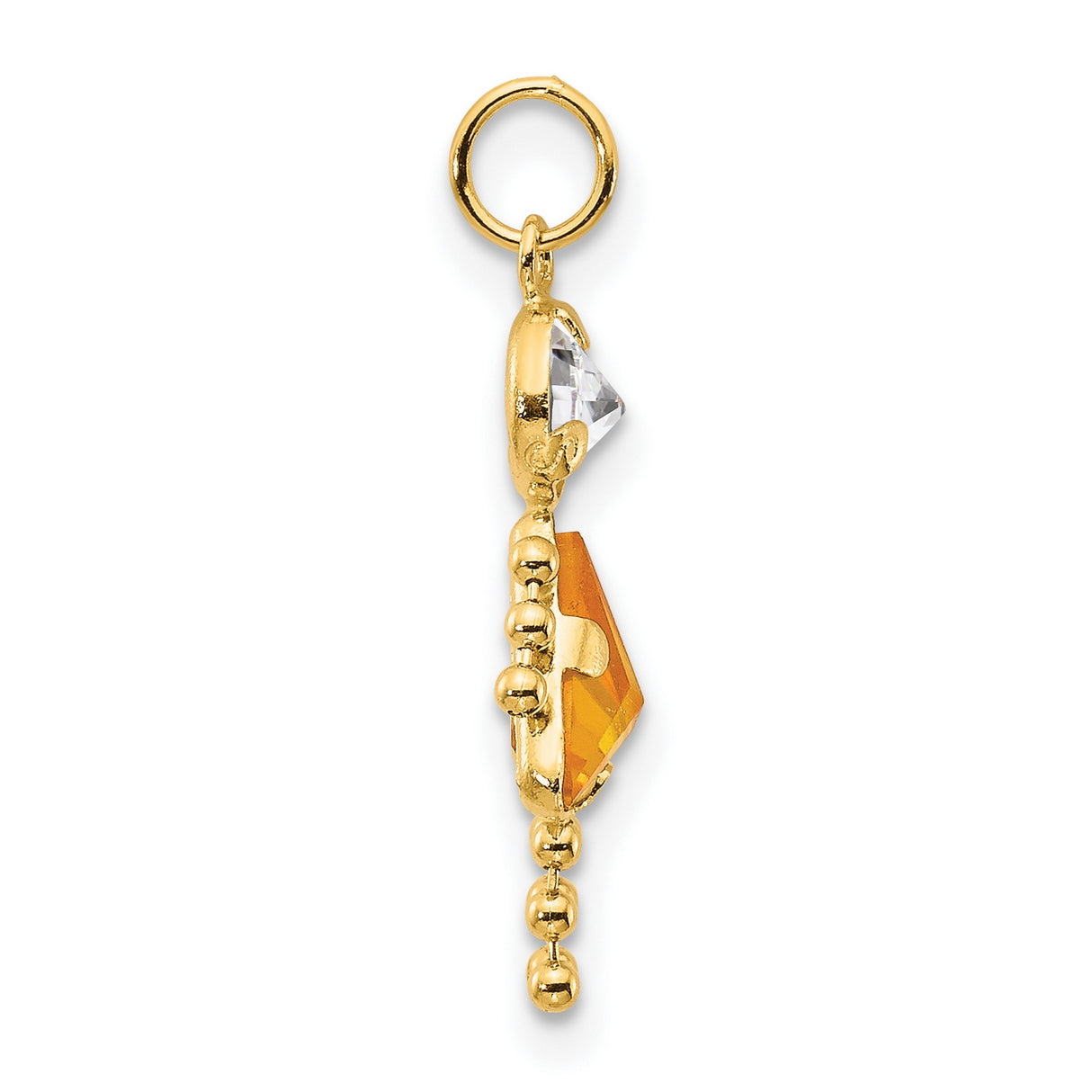 10k Yellow Gold Girl Pendant with Synthetic Birthstone and Orange Triangle Dress Design