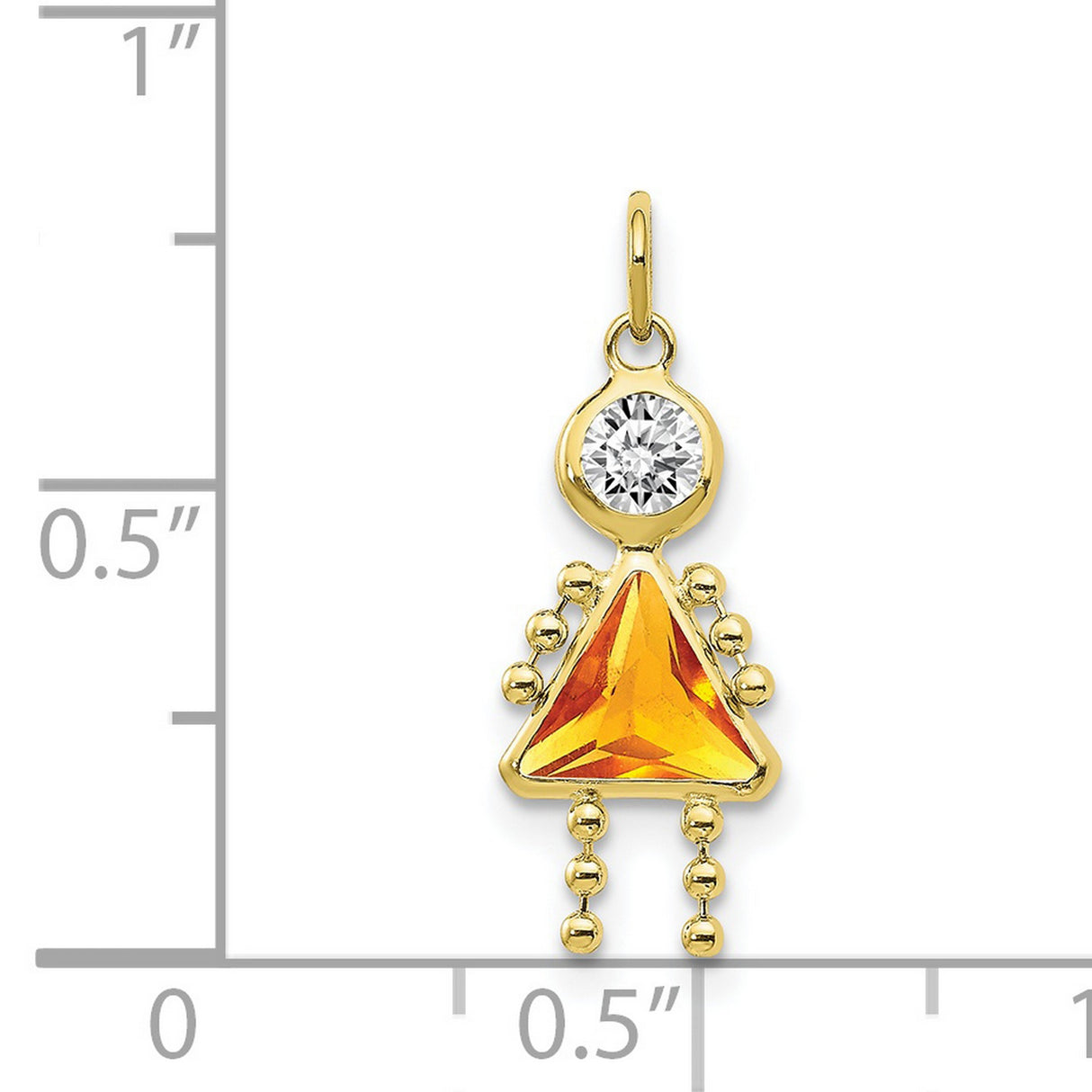 10k Yellow Gold Girl Pendant with Synthetic Birthstone and Orange Triangle Dress Design