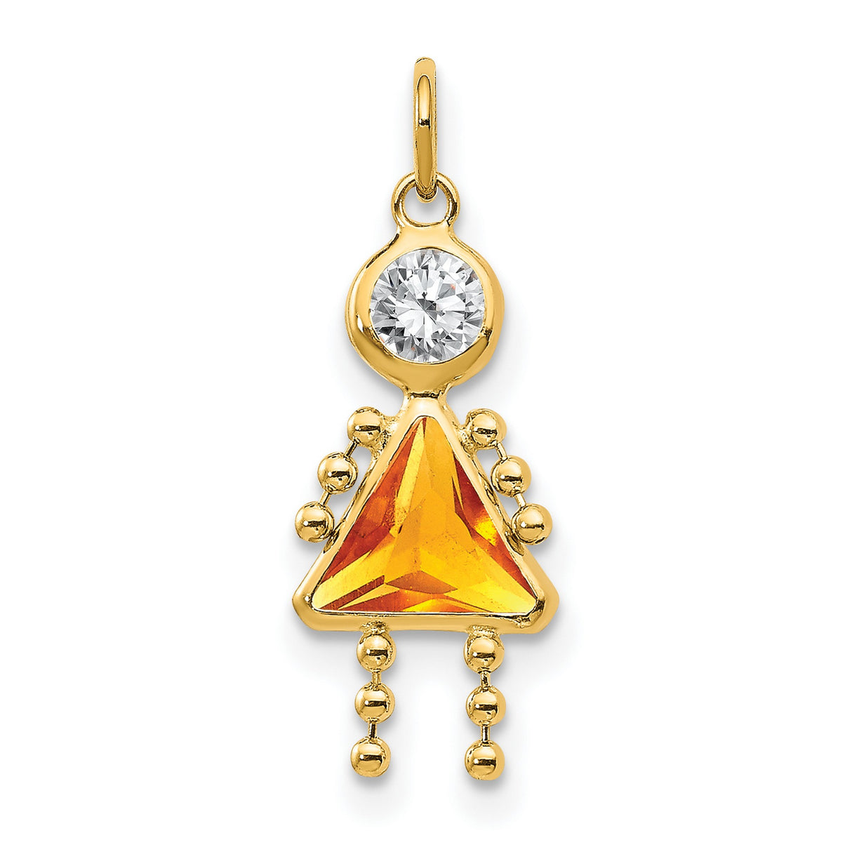 10k Yellow Gold Girl Pendant with Synthetic Birthstone and Orange Triangle Dress Design