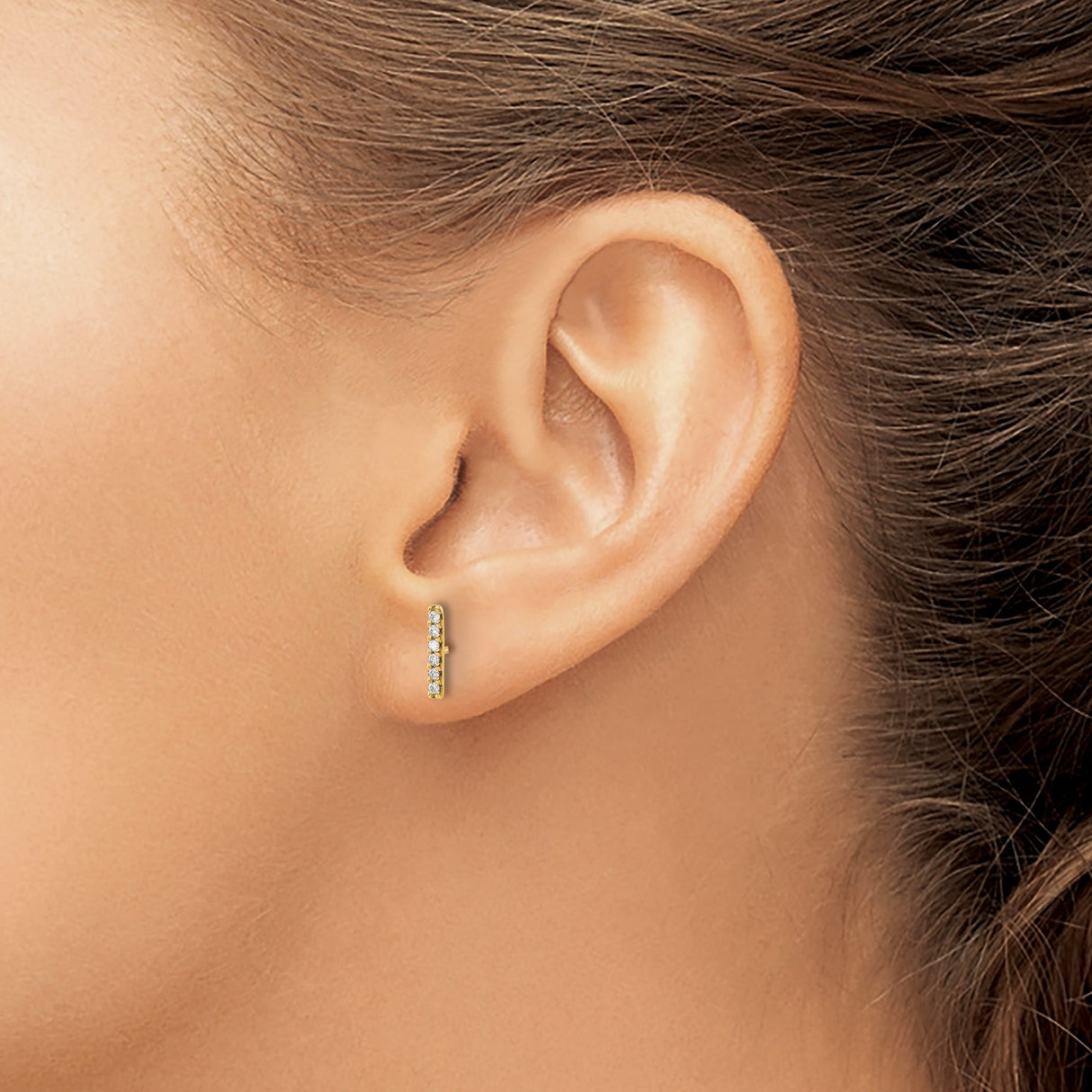 10k Yellow Gold Bar Stud Earrings with Diamond, Minimalist Vertical Design for Women