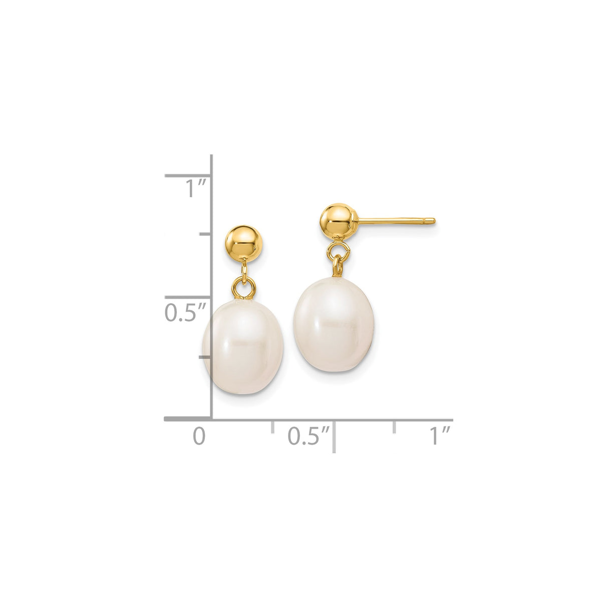 10k Yellow Gold Drop Earrings with White Freshwater Pearls, Dangle Post Design
