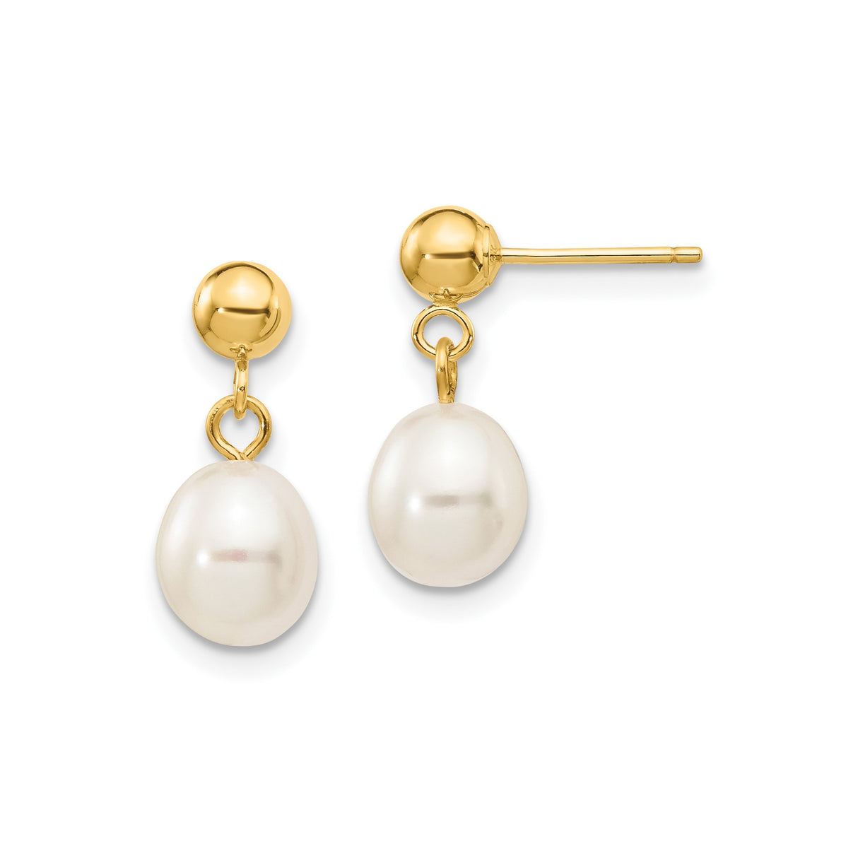 10k Yellow Gold Dangle Earrings with White Cultured Freshwater Pearls, Classic Drop Design