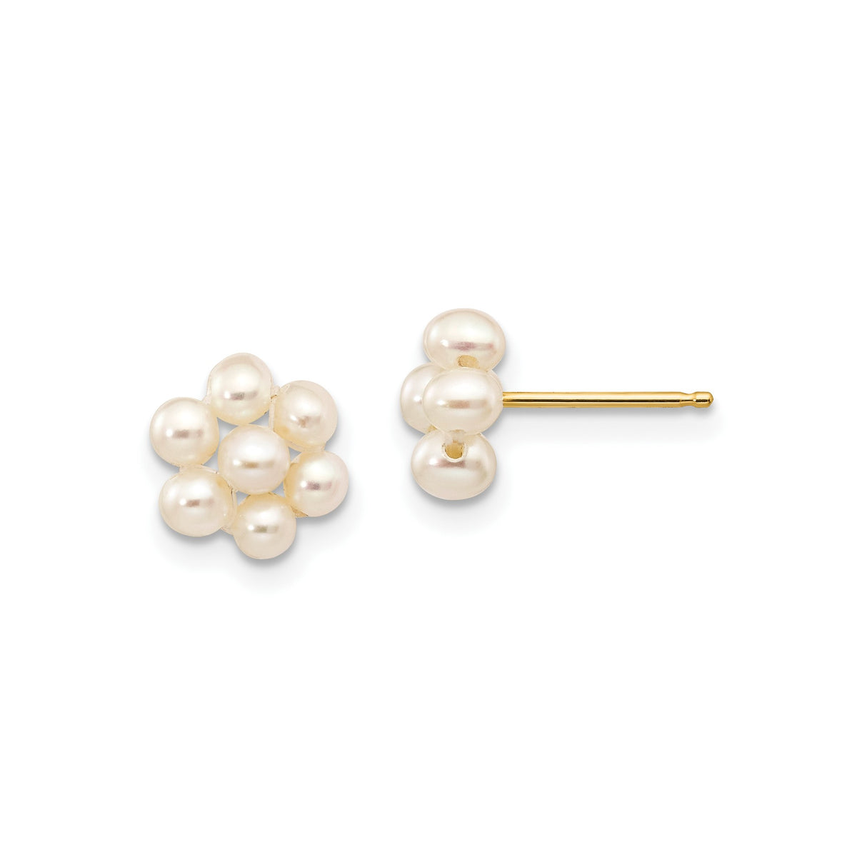 10k Yellow Gold Stud Earrings with White Cultured Pearls, Floral Cluster Design