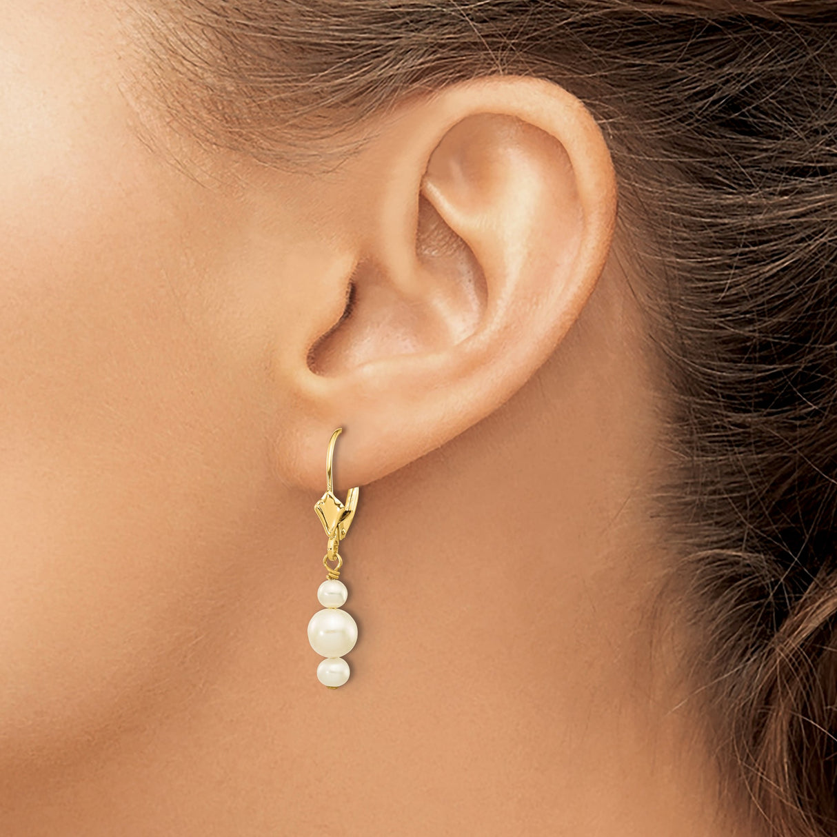 10k Yellow Gold Dangle Earrings with Graduated Cultured White Pearls, Leverback Design