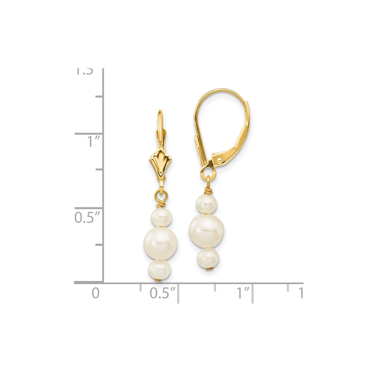 10k Yellow Gold Dangle Earrings with Graduated Cultured White Pearls, Leverback Design