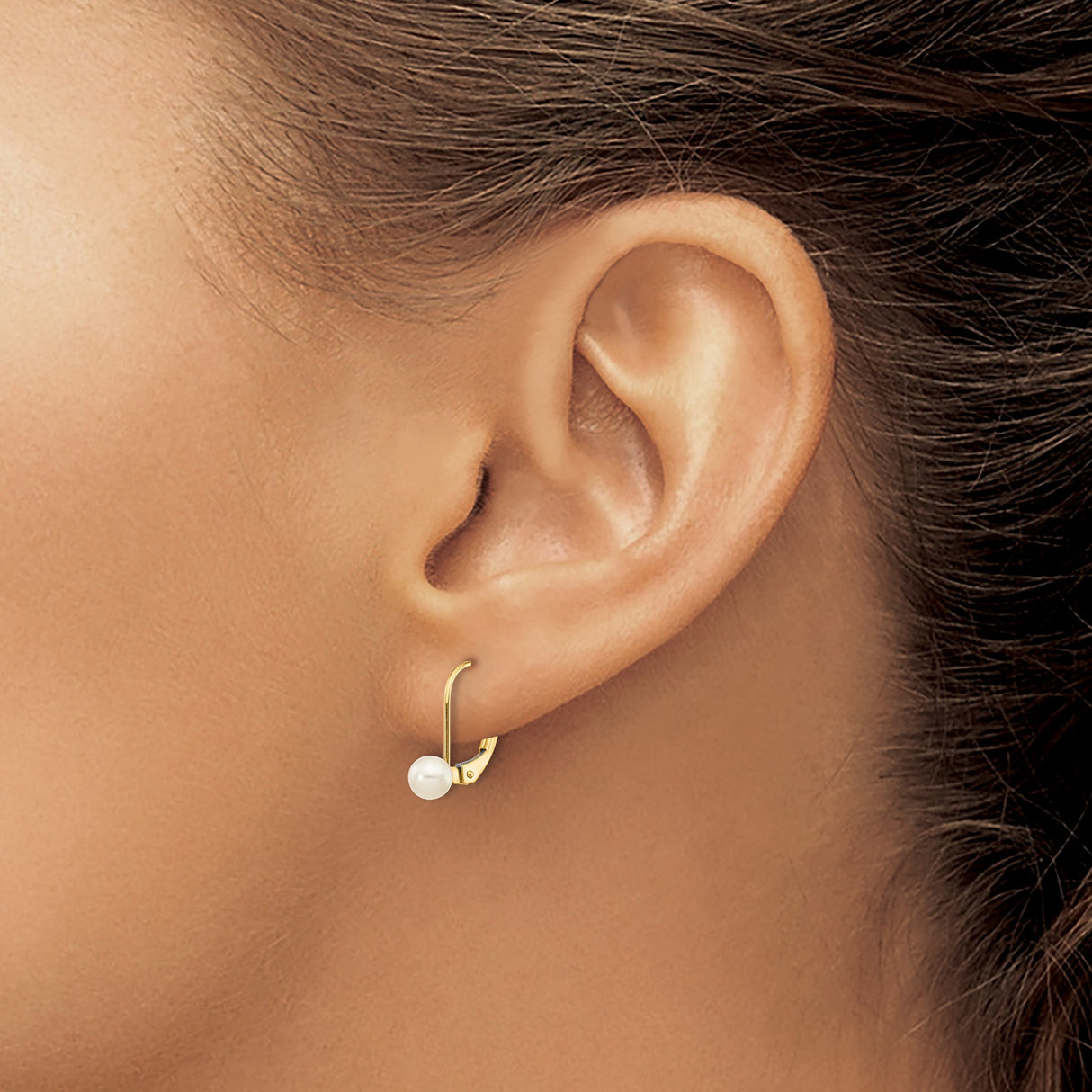 10k Yellow Gold Drop Earrings with Round White Freshwater Cultured Pearls, Classic Leverback Design