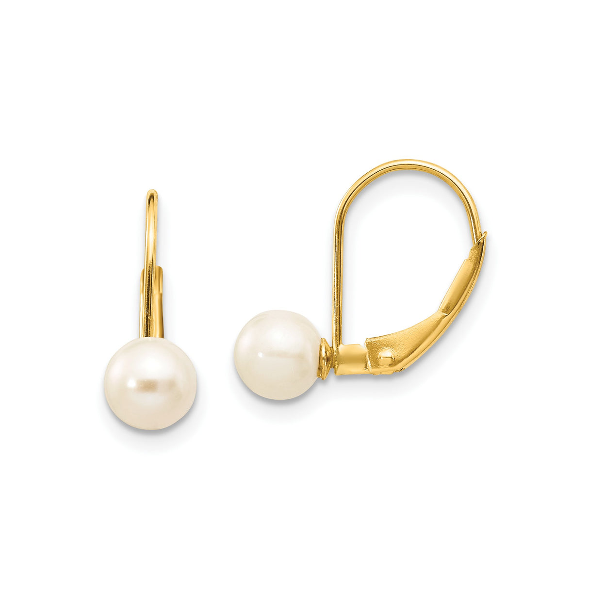 10k Yellow Gold Leverback Earrings with White Freshwater Cultured Pearls, Classic Drop Design
