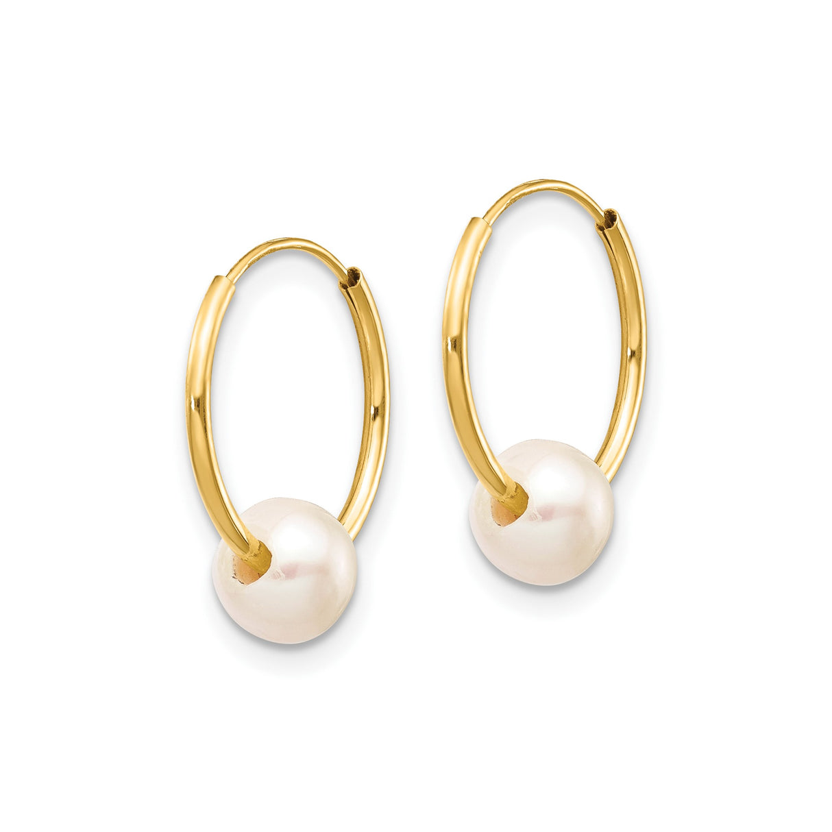 10k Yellow Gold Hoop Earrings with Cultured White Pearl Drops, Classic Minimalist Style