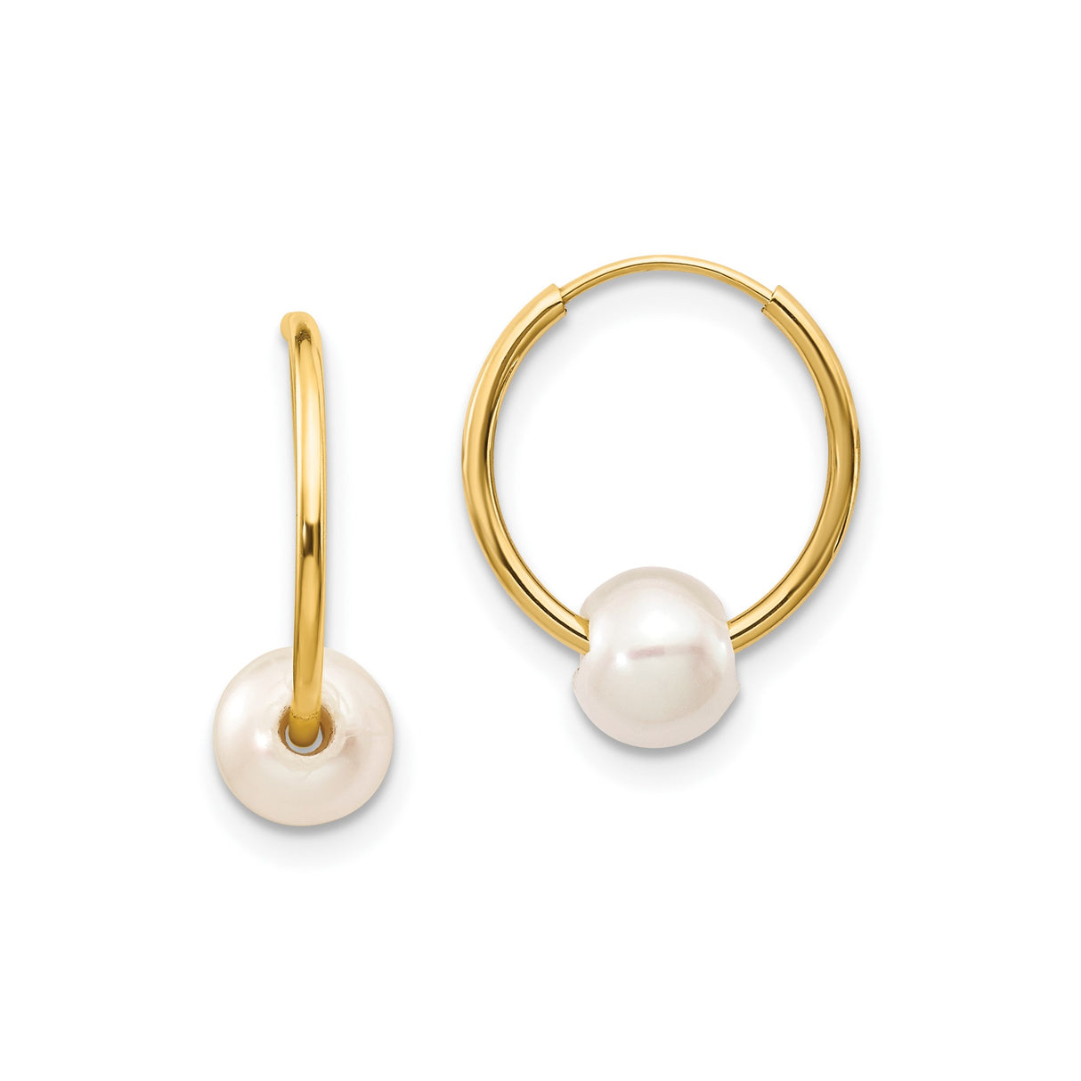10k Yellow Gold Hoop Earrings with Cultured White Pearl Drops, Classic Minimalist Style