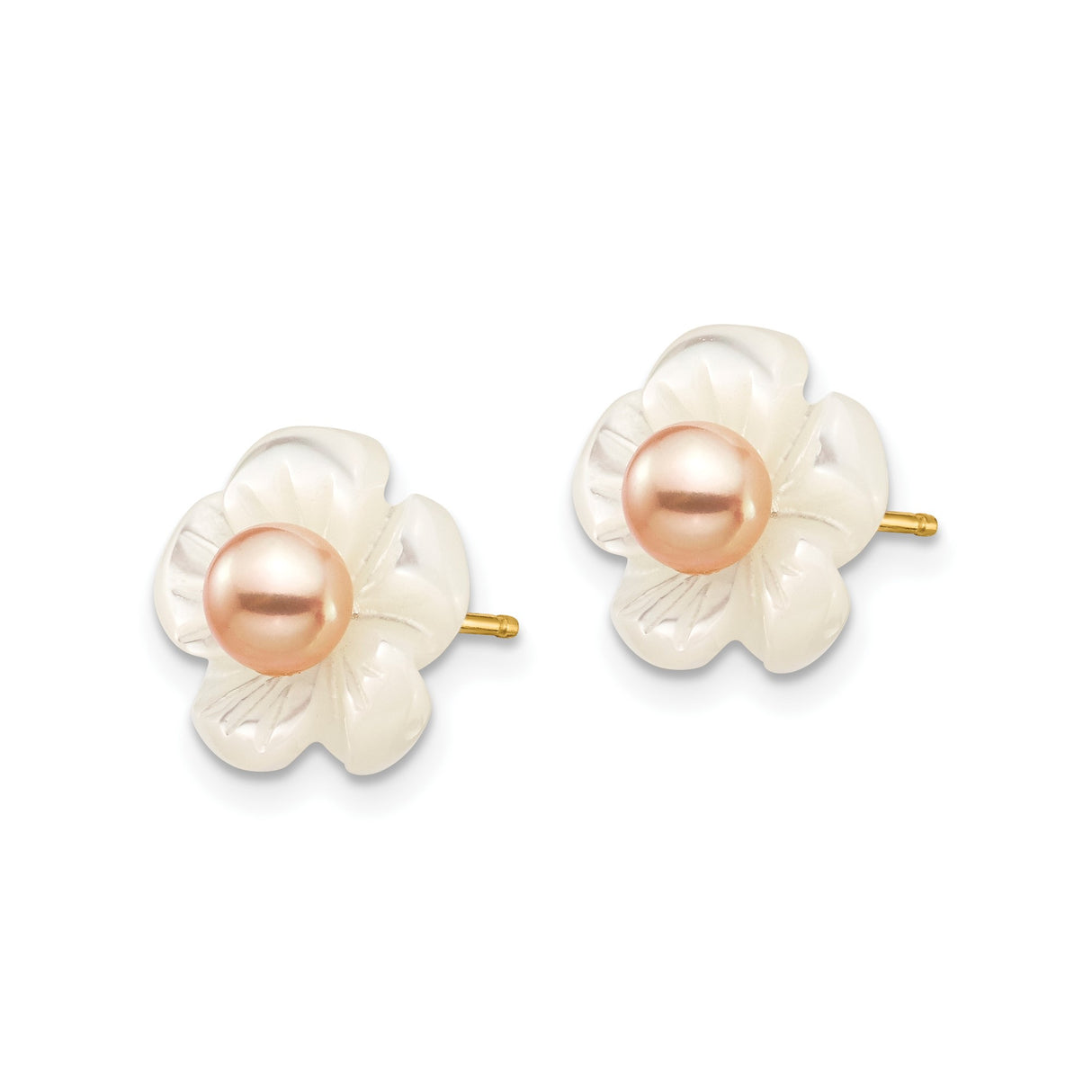 10k Yellow Gold Stud Earrings with Pink Pearl and Carved Mother of Pearl Flowers